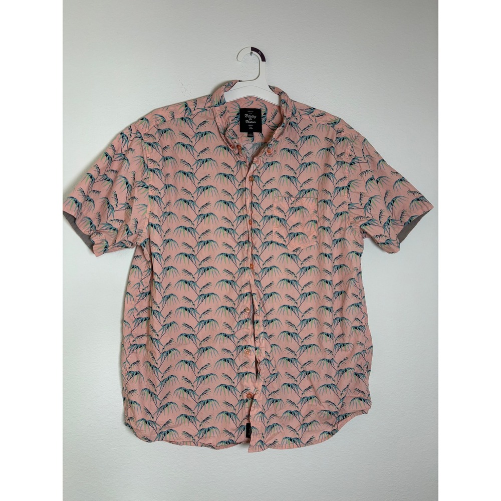 Artistry‎ in Motion Mens XL Peach Pink Tropical Palm Leaf Button Down Shirt Slim